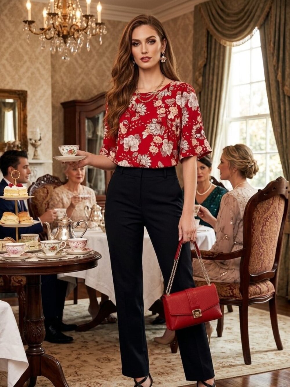 Liz Claiborne Short Sleeve Red Floral Pullover Boat Neck Blouse Top